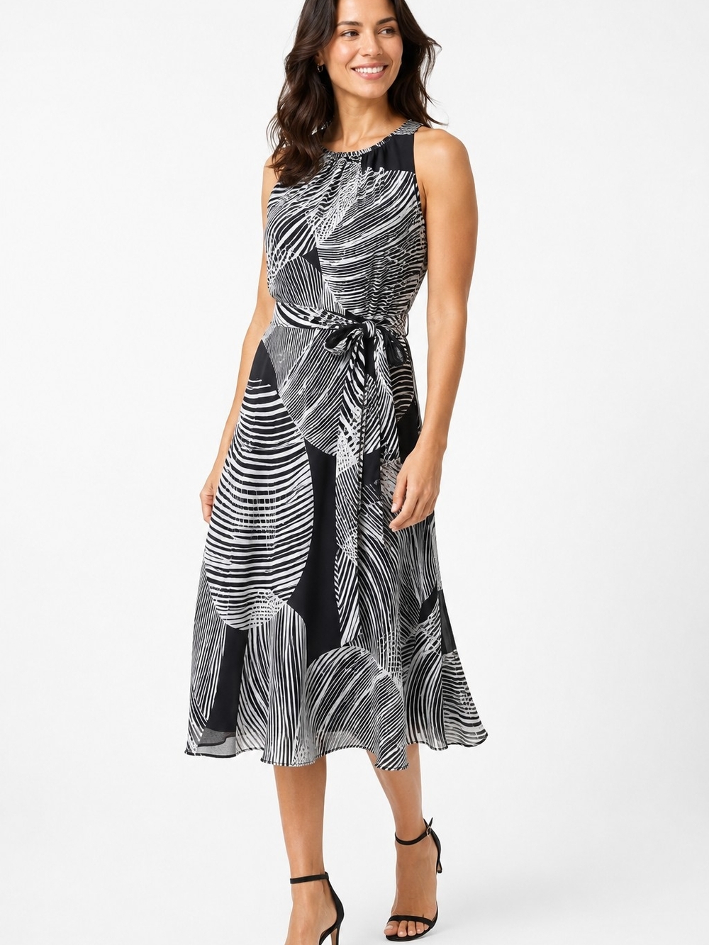 NWT Ann Taylor 100% Silk Black White Graphic Stripe Midi Dress Belted Sz 4